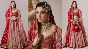 "Delbar Arya bridal look in red and pink lehenga"